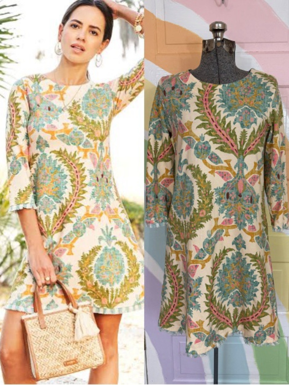 Spartina 449 Island Fringe Dress Sugar Mill Damask Cream Peruvian Cotton Sz S 🧡🍄